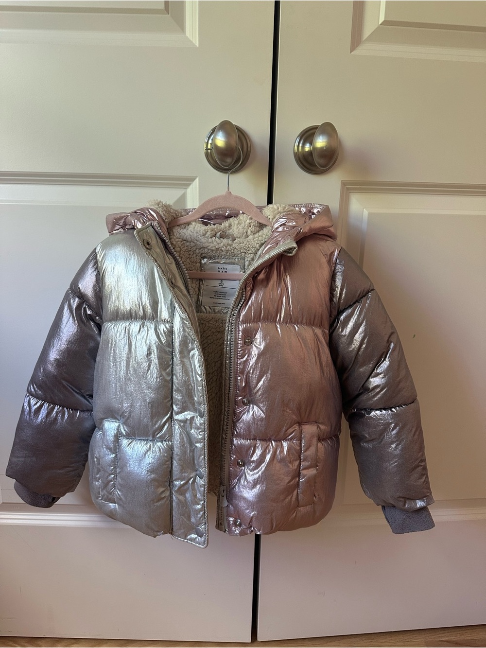 GAP Metallic Pink & Silver Kids Puffer Jacket with Sherpa Lining